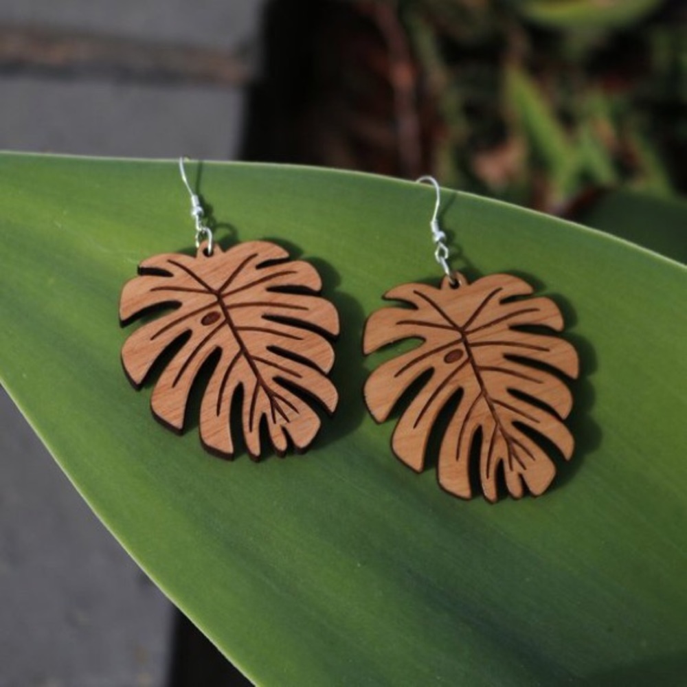 Monstera Wood Etched Earrings